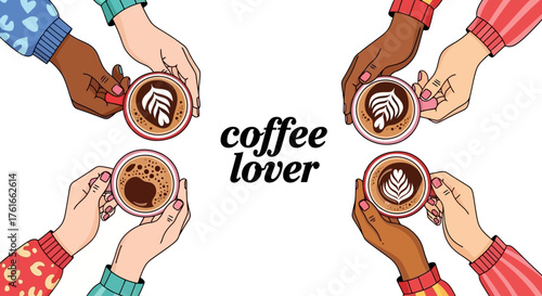 Coffee Lover Illustration with Diverse Hands Holding Cups and Latte Art