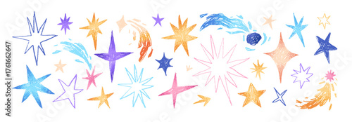 Doodle set of shooting stars and meteors. Chalk scribbles of sparks in the space. Drawing comets, sparkles in grunge style. Kids wall art. Hand drawn isolated vector illustrations on white background