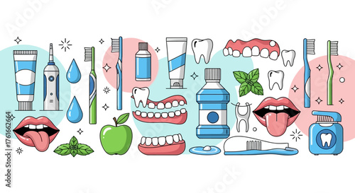 Dental hygiene cartoon elements for healthy teeth and fresh breath