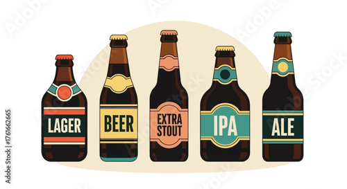 Variety of Beer Bottles with Different Labels and Types of Brew