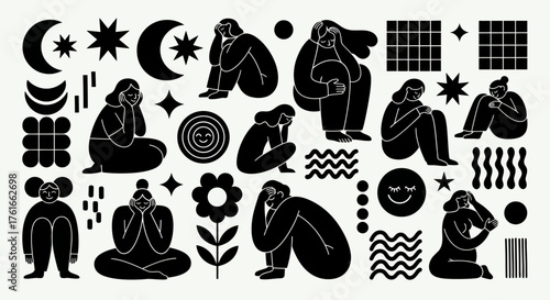 Black and White Illustration of Mental Health Concepts with Female Figures