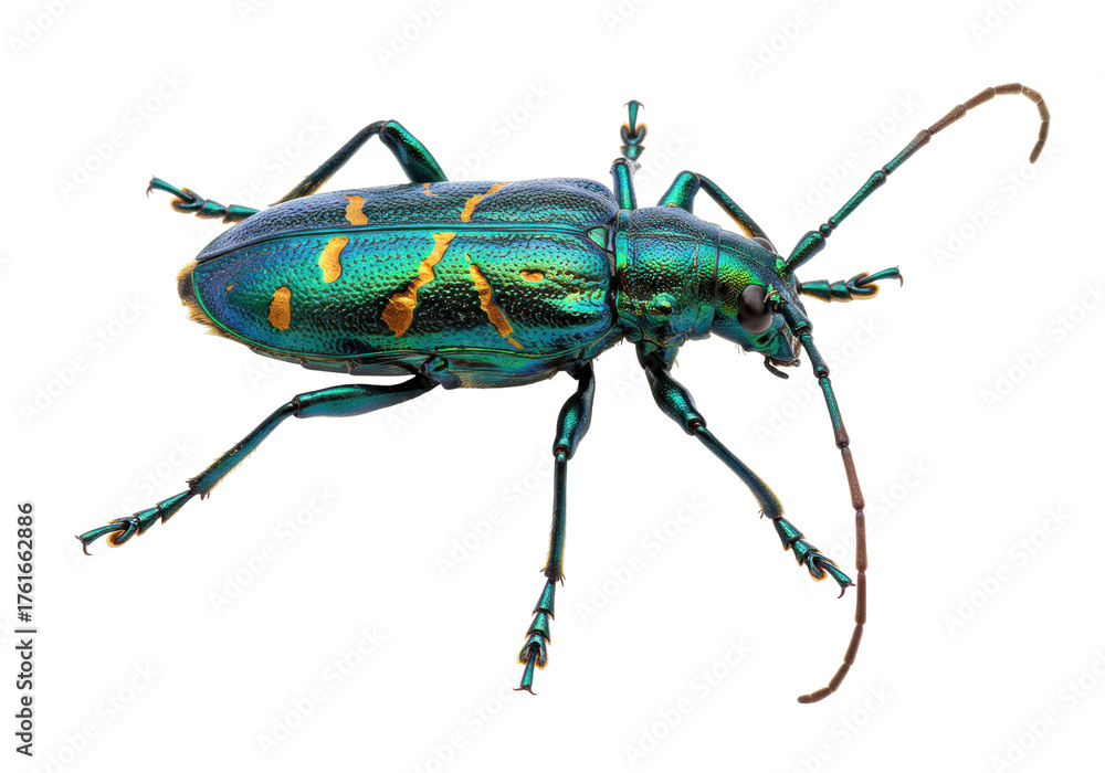 Fototapeta premium Isolated Metallic Green Longhorn Beetle, featuring vibrant iridescent colors and striking patterns