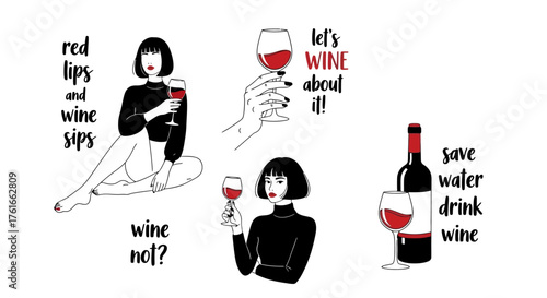 Charming wine-themed illustrations featuring ladies, quotes, and glasses filled with red wine, perfect for wine enthusiasts