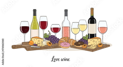 Wine and Cheese Pairing Still Life Illustration, A Delicious Experience