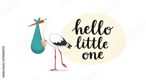 Stork Carrying Baby and Hello Little One Greeting for Baby Shower Invitation
