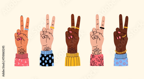 Diversity in Unity A Row of Hands Making the Peace Sign