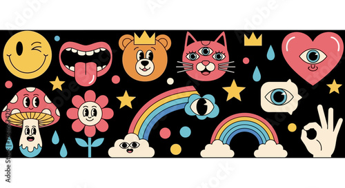 Vibrant Psychedelic Cartoon Elements with Rainbows, Animals and Flowers