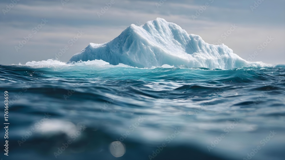 Fototapeta premium A large iceberg floating in the ocean, with jagged blue ice rising above the dark, choppy sea. Concept Arctic landscape, Iceberg photography, Jagged blue ice, Dark choppy sea, Dramatic seascape