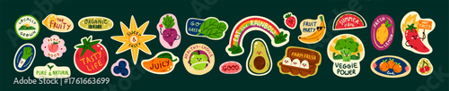 Fruit stickers set. Cute designs of labels for organic and natural farm food. Different logos and tags on healthy vegetables: veggies, eggs, bananas, apples. Flat isolated vector illustrations