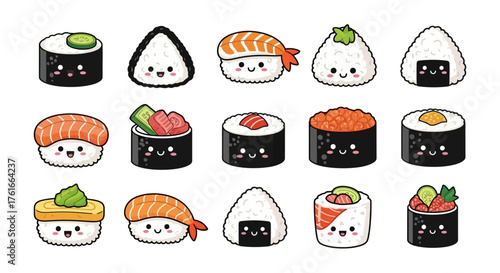 Adorable Sushi and Onigiri Characters for Japanese Cuisine Designs