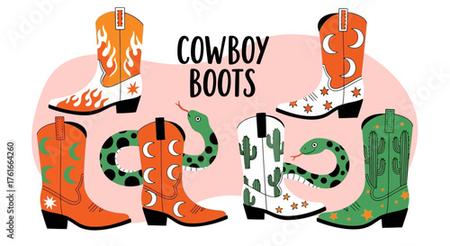 Cowboy boots collection with decorative elements flames, cactus, stars, snakes