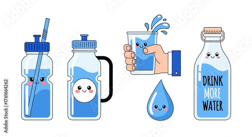 Cute Cartoon Water Bottles and Glass with Smiling Faces, Drink More Water Concept