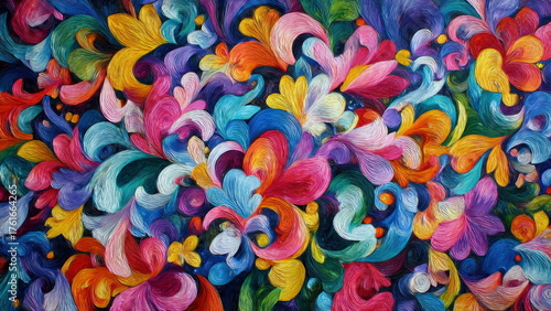 Vibrant Abstract Floral Swirl Painting with Colorful Oil Texture