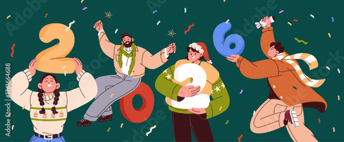 Happy New Year. Group of people celebrates winter holiday party together with sparklers, confetti and firecrackers. Joyful men and women holding figures 2026. Flat isolated vector illustration