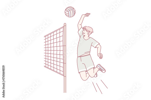 Young sporty man in sportswear play volleyball throw ball over net. Guy player engaged in game activity follow healthy lifestyle. Sport, athlete concept. Vector illustration, cartoon character.