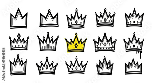 Doodle crown collection Royalty sketch icon set for branding and regal graphic design elements