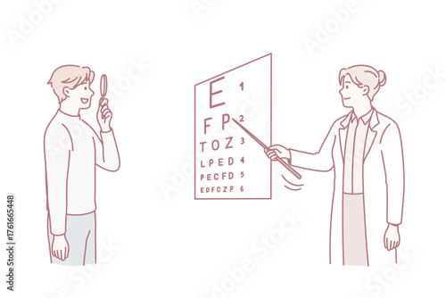 Eyesight check and healthcare concept. Young woman doctor in uniform standing showing letters to man patient examining his vision vector illustration