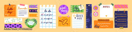 Doodle set of paper notes. Memo stickers with scribbles and writings. Cute to do and checklists, schedules for school notebooks with funny decorative tapes. Flat isolated vector illustrations