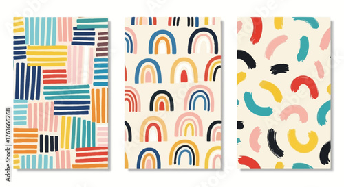 Colorful Abstract Pattern Designs Geometric Shapes, Rainbow Arches, and Artistic Strokes