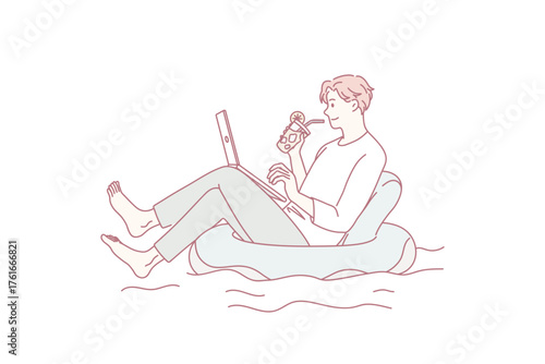Relaxed man swim on inflatable ring work online on laptop at home lockdown or quarantine. Calm male employee downshifting in swimming pool. Distant job concept. Vector illustration.