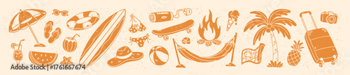 Summer vacation items set. Textured orange elements of sea resort holidays. Bikini, surfboard, inflatable circle, cocktails and palm tree in tropical travel. Flat isolated outline vector illustration