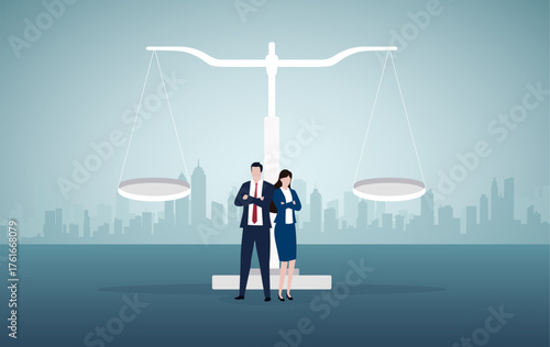 Two lawyers standing confidently before a big scale, symbolizing justice and the legal system.