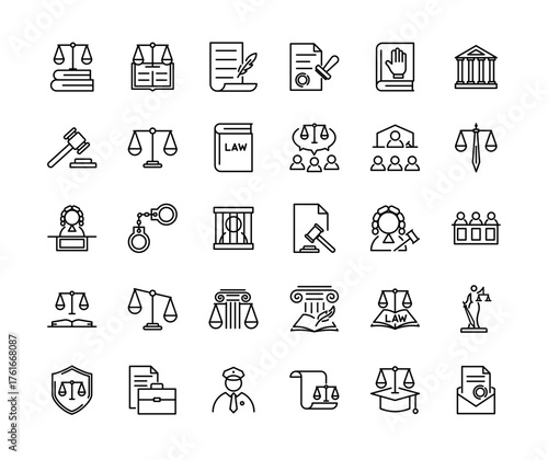 Collection of minimalist line icons representing various aspects of law and the legal system.