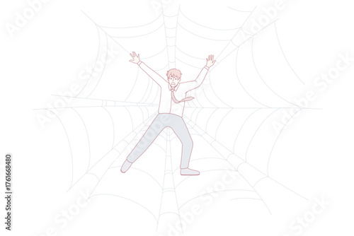 Anxious businessman trapped in spider web. Worried unhappy employee caught in debt burden. Risk business concept. Dangerous project. Flat vector illustration, cartoon character.
