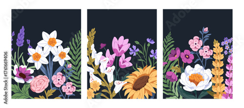 Greeting cards designs with flowers set. Posters with meadow nature. Templates of postcards with blooming plants and fern leaves: sunflower, daffodil, lavender, cornflower. Flat vector illustrations
