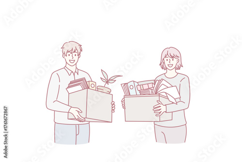 Smiling diverse employees with boxes with personal belongings settle at new workplace. Happy newcomers job candidates relocate move to office. Employment, recruitment. Vector illustration.