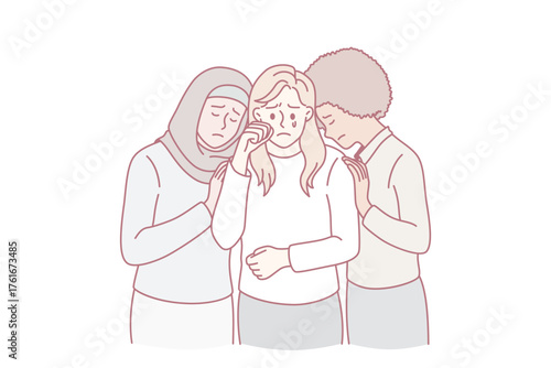 Helping hand and mixed race friendship concept. Arabian and african girls standing hugging and supporting depressed crying caucasian friend vector illustration