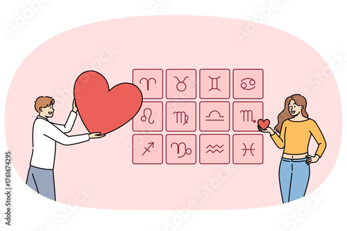 Love horoscope is used by woman to select sexual partner or future husband, standing near signs of zodiac with heart. Girl studies forecast of love horoscope before going on date with boyfriend