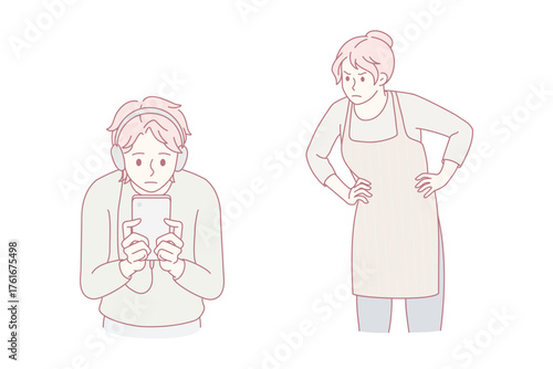 Angry mother scold lecture teen son on headphones using cellphone device. Mad furious mom swear teenage boy child overuse smartphone play online. Social media addiction. Vector illustration.
