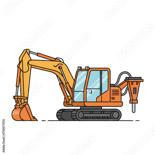 combination of excavator and rock breaker in one heavy equipment vehicle, plain white background