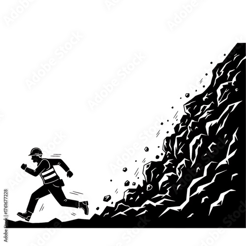silhouette illustration of a worker running to avoid a landslide of material. isolated on a white background.