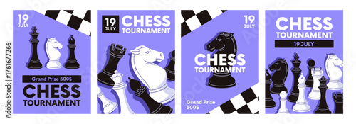 Set of chess tournament event poster designs with pieces. Advertising templates with chessmen. Promotion layouts with white and black figures of board game on chessboard. Flat vector illustrations