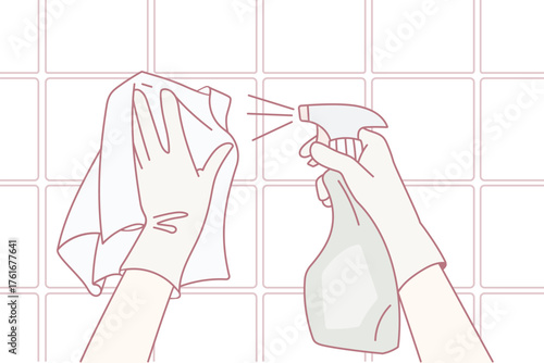 Housekeeper in gloves and napkin clean surface with spray detergent clear house. Person wipe tiles with chemical liquid. Hygiene and household concept. Flat vector illustration, cartoon character.