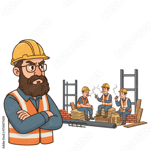 Illustration of a project leader with an annoyed expression seeing employees who are relaxed while working. Isolated on a white background.