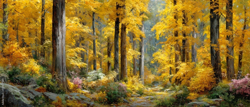Fototapeta premium Journey through gold: unearthly light filters through the autumn canopy. Press photo. Golden bliss: an enchanting play of light in a verdant autumn park. Daily life. Pure emotion.