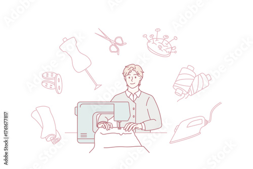 Man dressmaker work on sewing machine design new clothes line in workshop. Smiling male designer or tailor work in fashion atelier or studio. Style, dressmaking concept. Vector illustration.