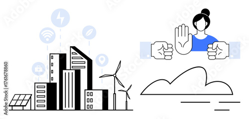 Urban buildings with solar panels, wind turbines, renewable energy icons. Woman stopping conflict with raised hands. Ideal for sustainability, renewable energy, smart cities, ecology, equality
