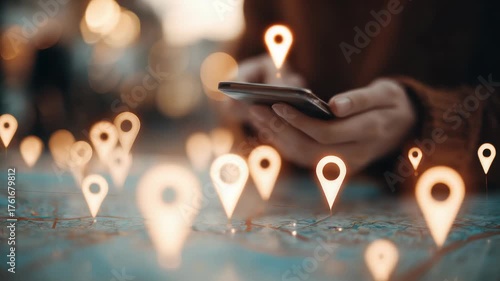 use phone show 3D Map pins, Map travel location, digital, technology, business, communication, GPS, global, connectivity, internet, networking, innovation
