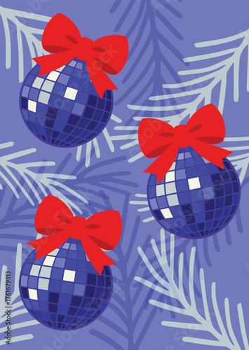 A stylish festive illustration of shiny blue disco ball ornaments decorated with bright red bows hanging among frosty pine branches for Christmas cards, posters, and festive wrapping paper designs.