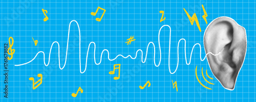 Trendy halftone banner with human ear and sound audio wave. Listen music concept.  Contemporary collage for design template. Punk and Y2K style. Vector