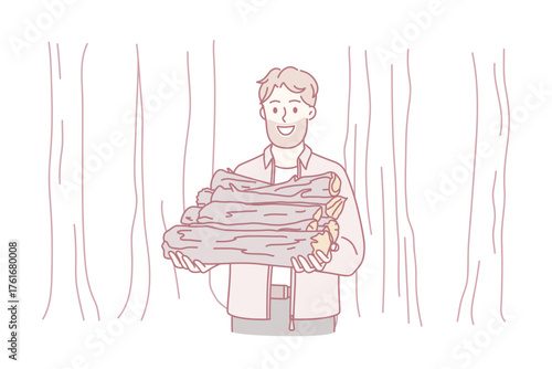 Smiling young bearded lumberman hold wood timbers for fire. Happy lumberjack or woodcutter with wood materials camp outdoors. Hobby, nature, environment. Flat vector illustration.
