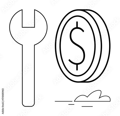 Wrench beside dollar coin, suggesting financial repair or productivity. Ideal for finance, economy, business solutions, maintenance, investment, cost reduction, profitability concepts simple flat