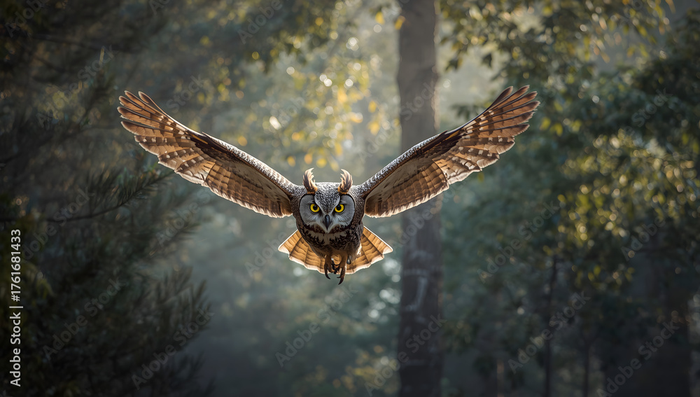 Obraz premium majestic eagle soaring through forest light with open wings, powerful bird of prey in flight above nature landscape, dramatic wildlife scene in natural outdoor habitat and sky