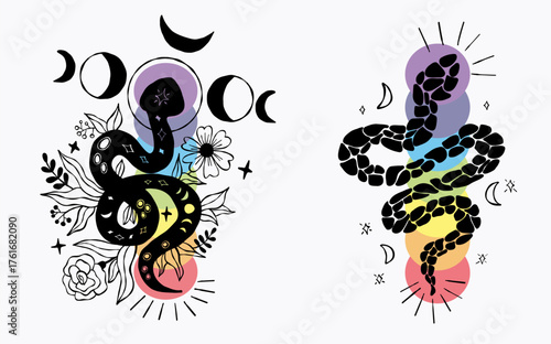 Mystical Snake Kundalini with Colorful Chakra, Celestial Moon, Flowers and Stars symbols representing spiritual energy. Isolated Textured Black Hand Drawing Doodle. Vector Illustration. Not AI