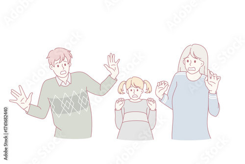 Shocked scared family with daughter feel terrified by unexpected unpleasant news. Unhappy parents with small girl child have fear feel terrified frightened. Panic attack. Flat vector illustration.