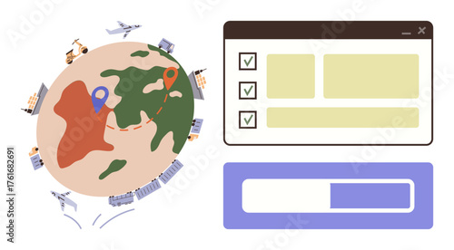 Globe marked with location pins, transport vehicles circling, paired with a task management window. Ideal for global operations, logistics, supply chain, delivery, project planning, productivity
